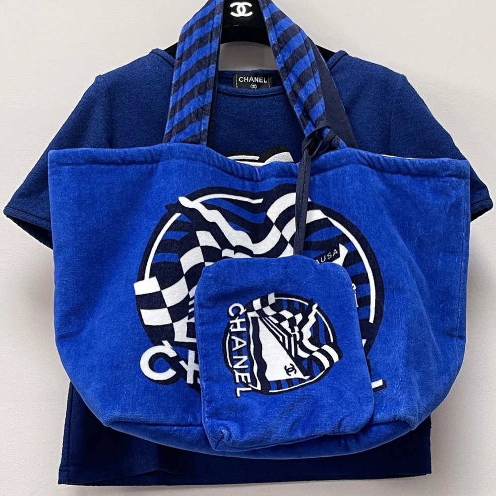 Chanel Blue Velvet Tote Bag and Pouch